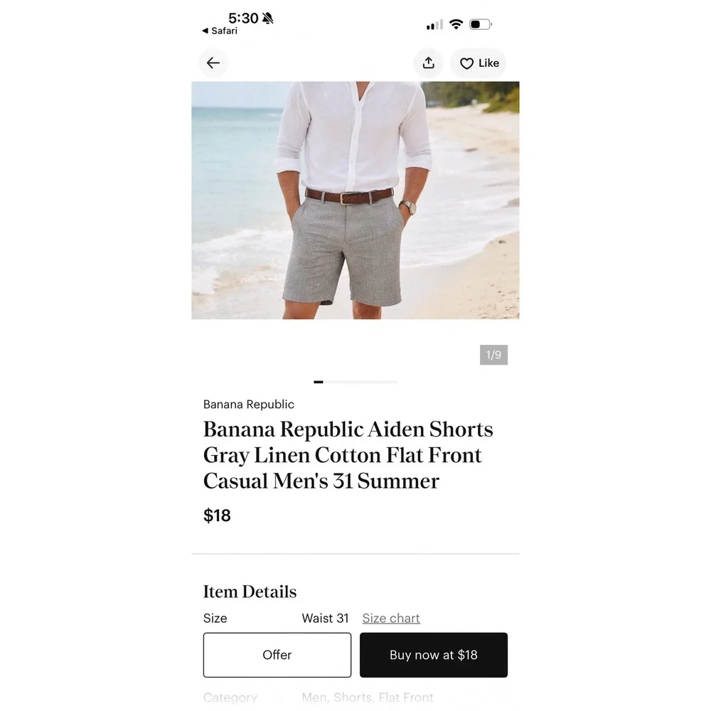Banana Republic Aiden Shorts Mens 42 Gray Linen‎ Cotton Flat Front Casual Summer